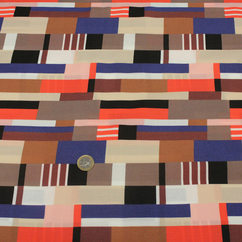Tissu Viscose fluide WINA aux motifs géométriques rectangles bleus, oranges, marrons et écrus - OEKO - TEX STANDARD 100 - tissuspipi.com
