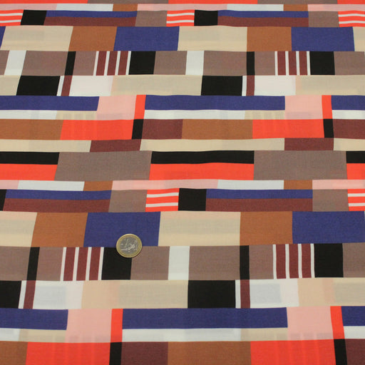 Tissu Viscose fluide WINA aux motifs géométriques rectangles bleus, oranges, marrons et écrus - OEKO - TEX STANDARD 100 - tissuspipi.com