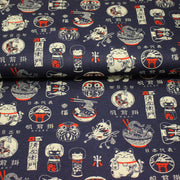 Tissu coton demi natté Symboles & porte - bonheurs japonais, bleu et rouge - OEKO - TEX STANDARD 100 - tissuspipi.com