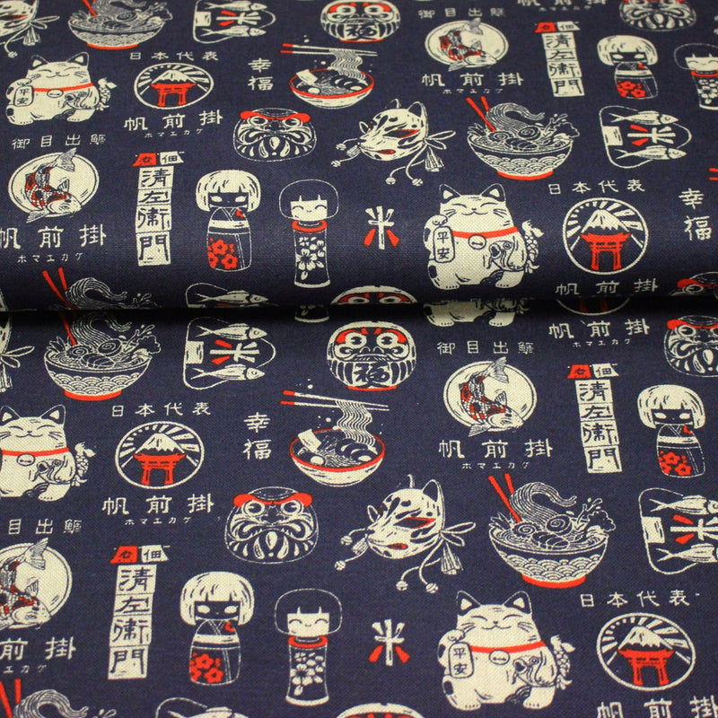 Tissu coton demi natté Symboles & porte - bonheurs japonais, bleu et rouge - OEKO - TEX STANDARD 100 - tissuspipi.com