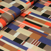 Tissu Viscose fluide WINA aux motifs géométriques rectangles bleus, oranges, marrons et écrus - OEKO - TEX STANDARD 100 - tissuspipi.com