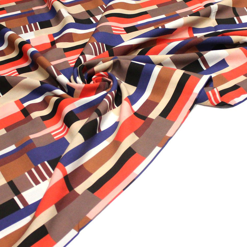 Tissu Viscose fluide WINA aux motifs géométriques rectangles bleus, oranges, marrons et écrus - OEKO - TEX STANDARD 100 - tissuspipi.com