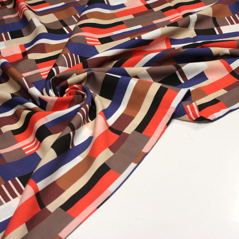 Tissu Viscose fluide WINA aux motifs géométriques rectangles bleus, oranges, marrons et écrus - OEKO - TEX STANDARD 100 - tissuspipi.com