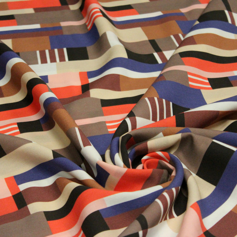 Tissu Viscose fluide WINA aux motifs géométriques rectangles bleus, oranges, marrons et écrus - OEKO - TEX STANDARD 100 - tissuspipi.com