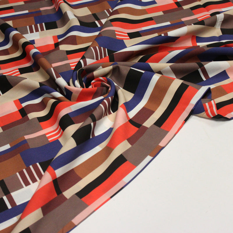 Tissu Viscose fluide WINA aux motifs géométriques rectangles bleus, oranges, marrons et écrus - OEKO - TEX STANDARD 100 - tissuspipi.com