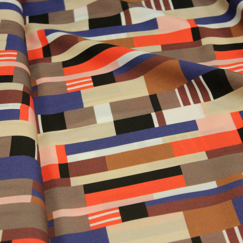 Tissu Viscose fluide WINA aux motifs géométriques rectangles bleus, oranges, marrons et écrus - OEKO - TEX STANDARD 100 - tissuspipi.com