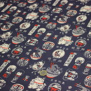 Tissu coton demi natté Symboles & porte - bonheurs japonais, bleu et rouge - OEKO - TEX STANDARD 100 - tissuspipi.com