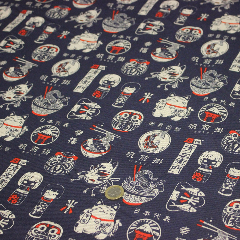 Tissu coton demi natté Symboles & porte - bonheurs japonais, bleu et rouge - OEKO - TEX STANDARD 100 - tissuspipi.com