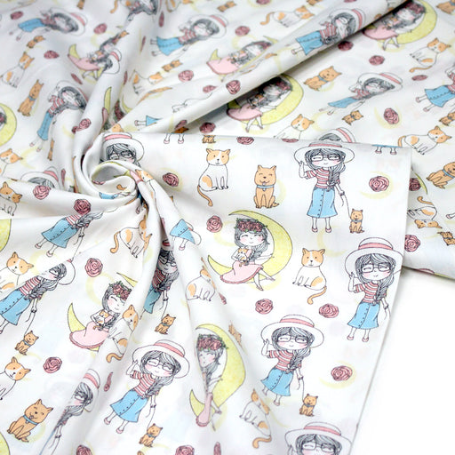 Tissu popeline coton aux petits filles, chats, chiens et roses - tissuspipi.com