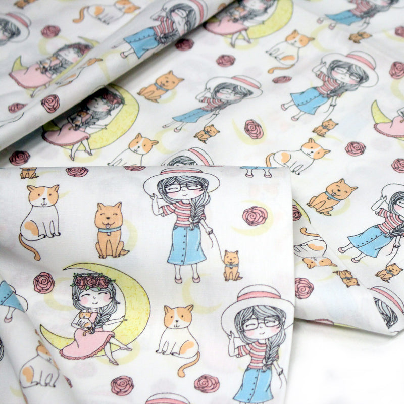 Tissu popeline coton aux petits filles, chats, chiens et roses - tissuspipi.com