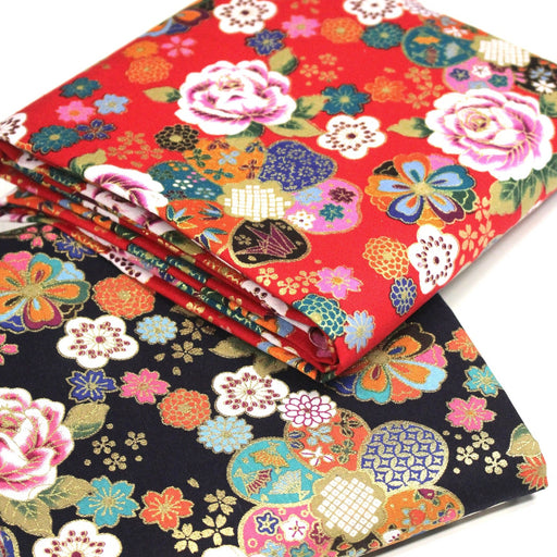 Tissu cotonnade motifs japonais traditionnels : fleuris multicolores, fond bleu ou rouge - COLLECTION JAPON DORÉ - tissuspipi.com