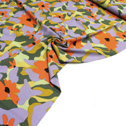 Tissu Viscose fluide AIMEE aux fleurs graphiques vertes, oranges et mauves - OEKO - TEX STANDARD 100 - tissuspipi.com