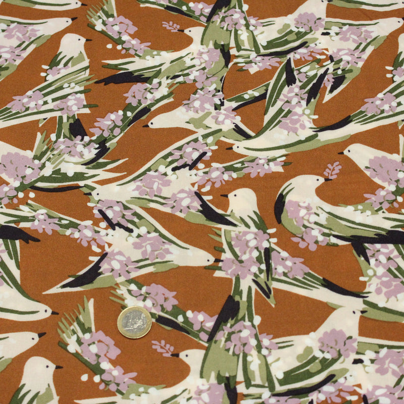 Tissu Viscose fluide OIZEA rouille aux oiseaux et fleurs parme - OEKO - TEX STANDARD 100 - tissuspipi.com