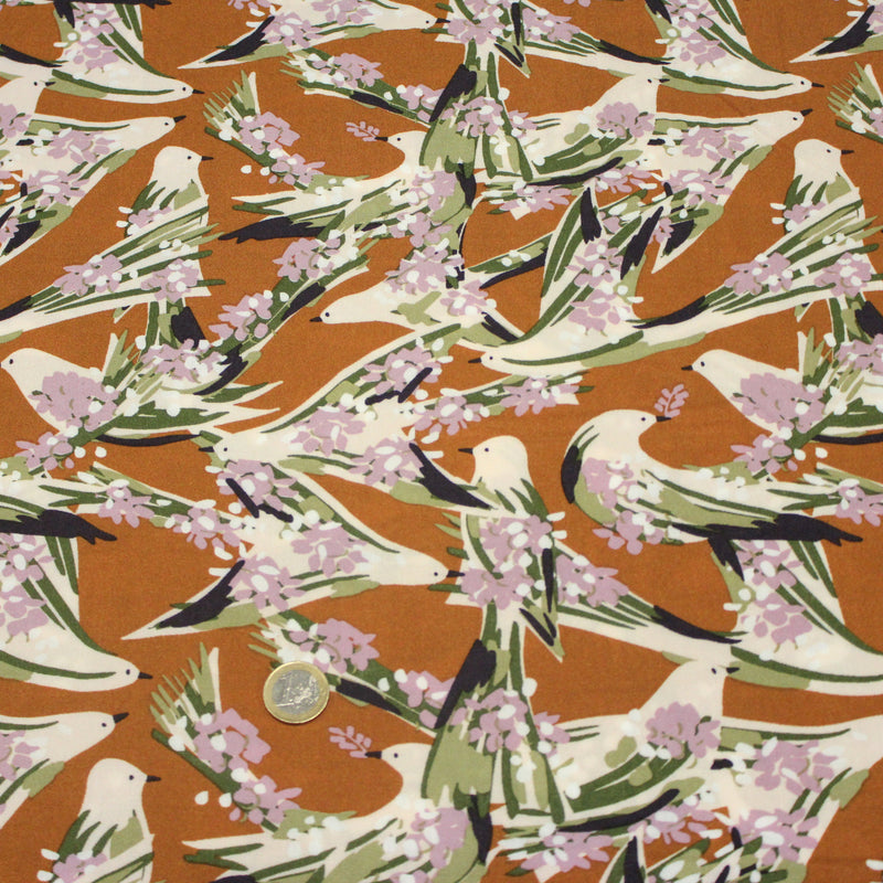 Tissu Viscose fluide OIZEA rouille aux oiseaux et fleurs parme - OEKO - TEX STANDARD 100 - tissuspipi.com