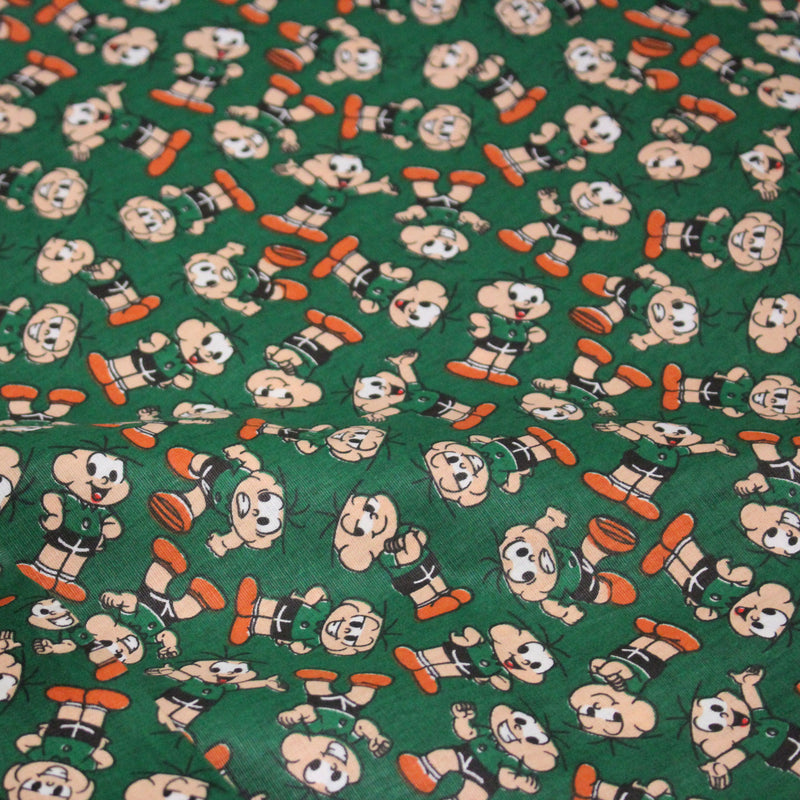Tissu popeline coton vert au petit bonhomme, façon BD - tissuspipi.com
