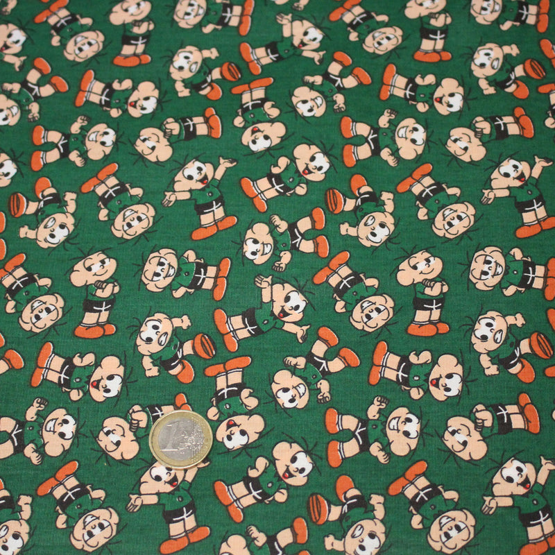 Tissu popeline coton vert au petit bonhomme, façon BD - tissuspipi.com