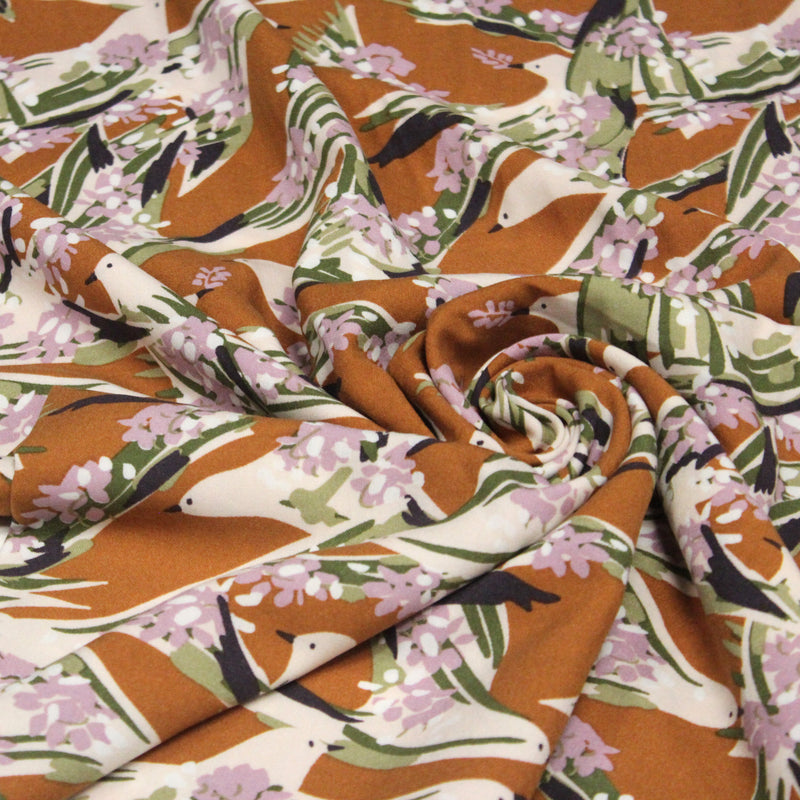 Tissu Viscose fluide OIZEA rouille aux oiseaux et fleurs parme - OEKO - TEX STANDARD 100 - tissuspipi.com