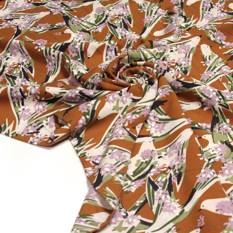 Tissu Viscose fluide OIZEA rouille aux oiseaux et fleurs parme - OEKO - TEX STANDARD 100 - tissuspipi.com
