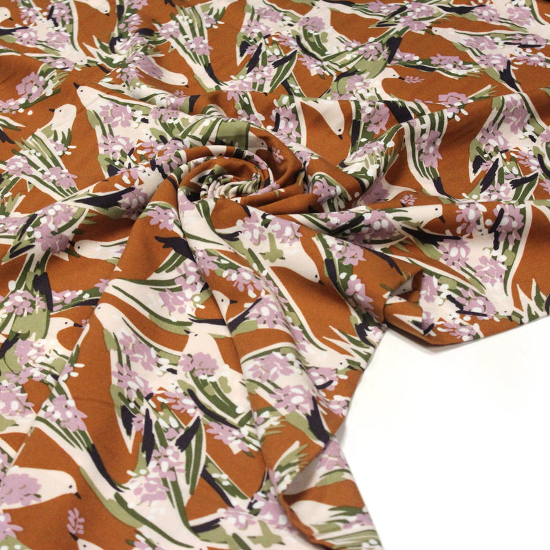Tissu Viscose fluide OIZEA rouille aux oiseaux et fleurs parme - OEKO - TEX STANDARD 100 - tissuspipi.com