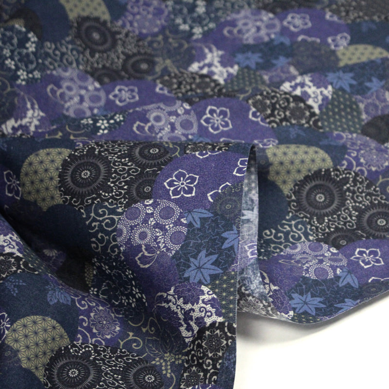 Tissu cotonnade imprimée MARU TO MOYO, cercles de motifs japonais faux - uni bleu indigo - OEKO - TEX - tissuspipi.com