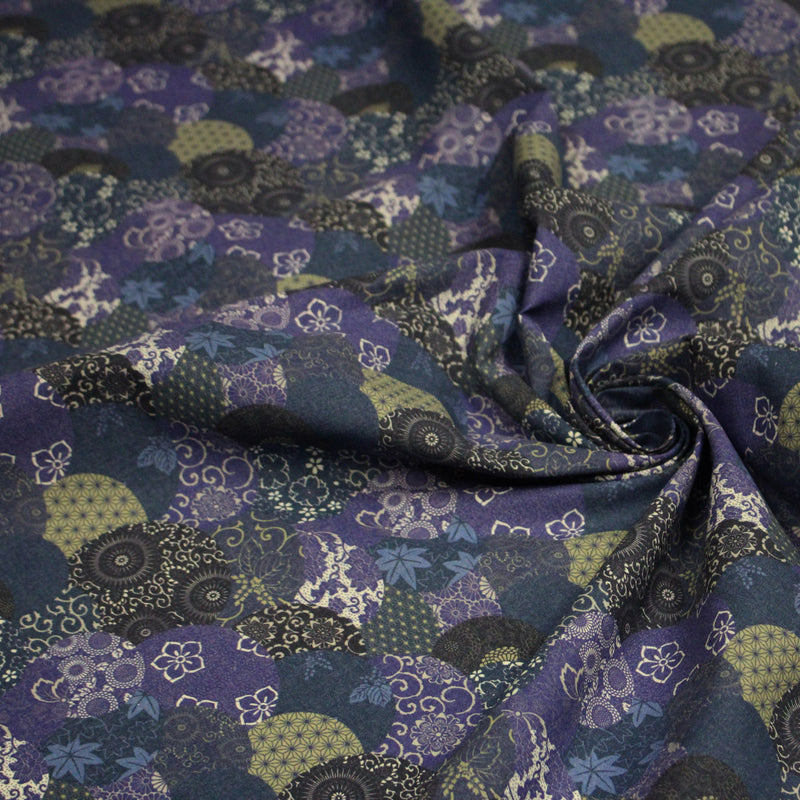 Tissu cotonnade imprimée MARU TO MOYO, cercles de motifs japonais faux - uni bleu indigo - OEKO - TEX - tissuspipi.com