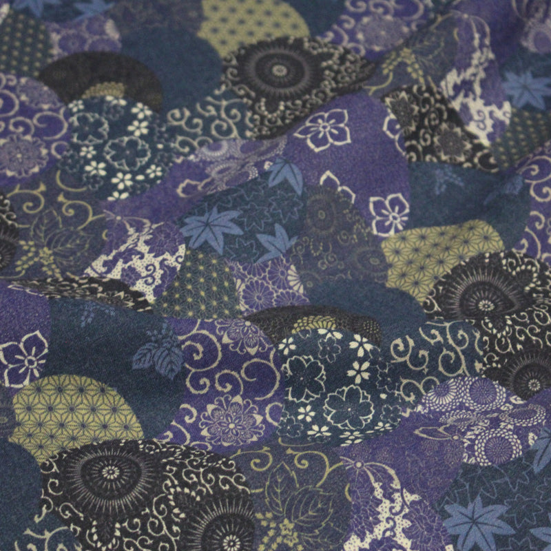 Tissu cotonnade imprimée MARU TO MOYO, cercles de motifs japonais faux - uni bleu indigo - OEKO - TEX - tissuspipi.com