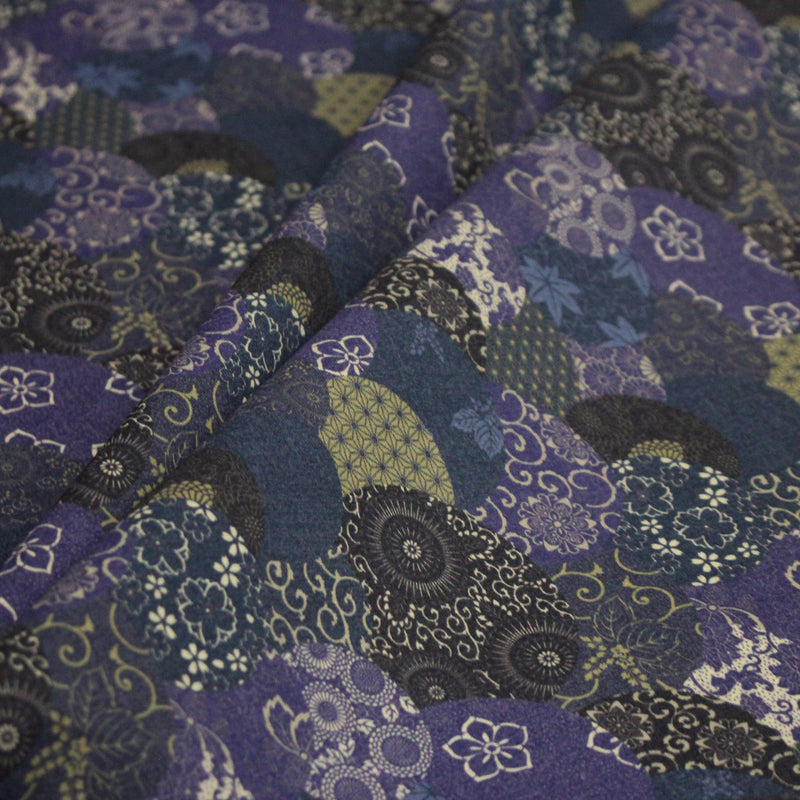 Tissu cotonnade imprimée MARU TO MOYO, cercles de motifs japonais faux - uni bleu indigo - OEKO - TEX - tissuspipi.com