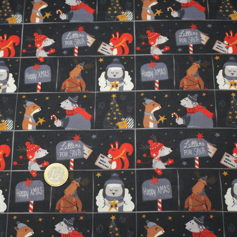 Tissu coton NOËL noir aux renards, ours et écureuils - OEKO - TEX - tissuspipi.com