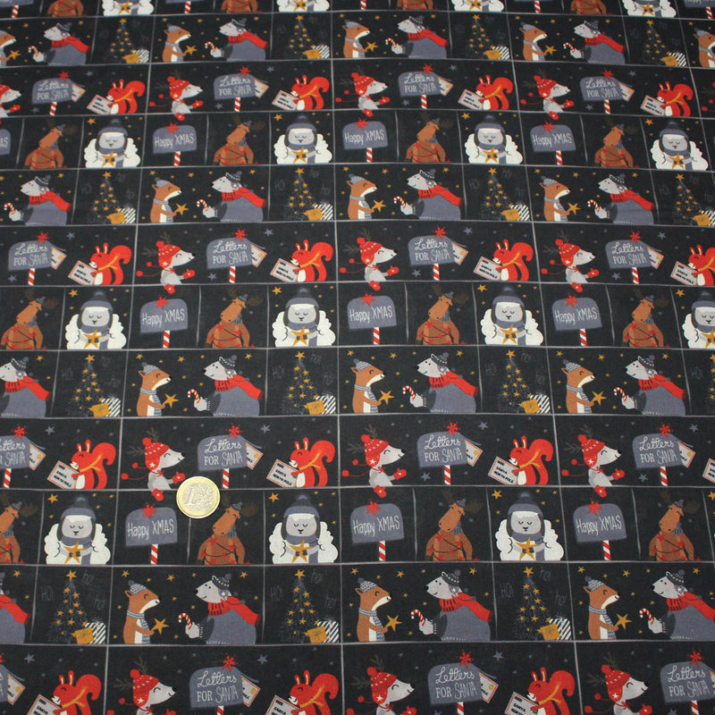 Tissu coton NOËL noir aux renards, ours et écureuils - OEKO - TEX - tissuspipi.com