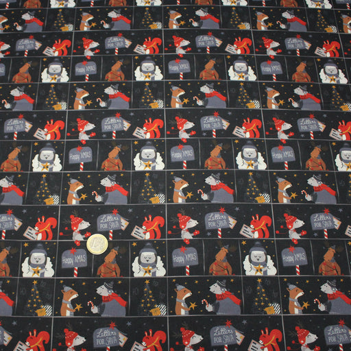 Tissu coton NOËL noir aux renards, ours et écureuils - OEKO - TEX - tissuspipi.com