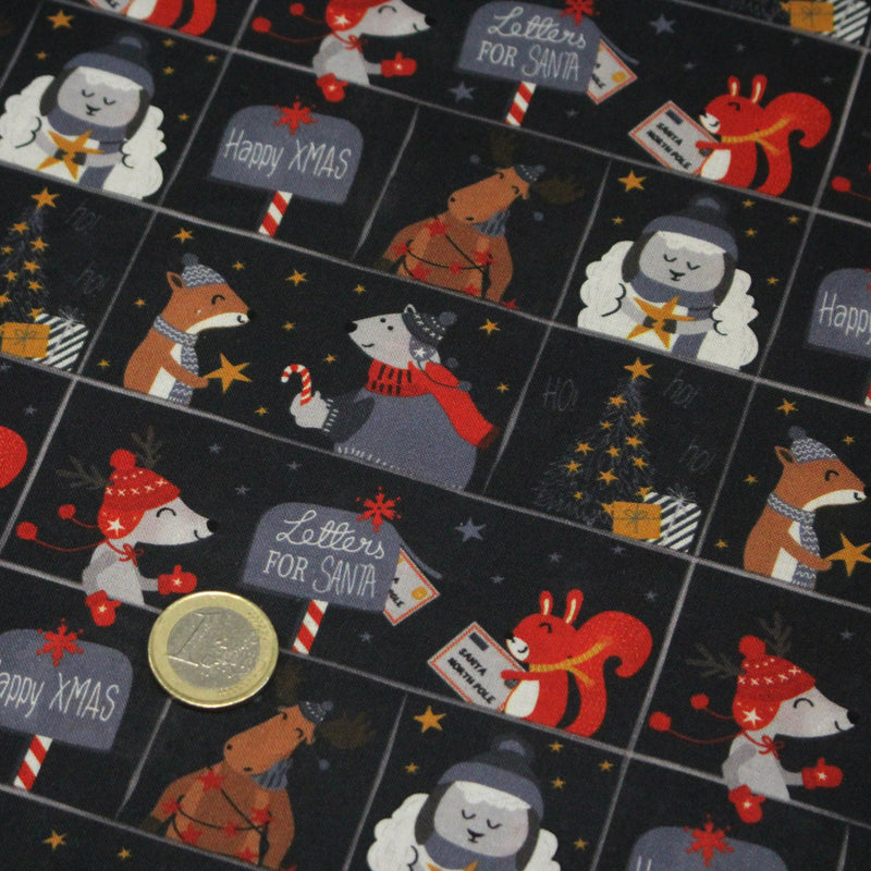 Tissu coton NOËL noir aux renards, ours et écureuils - OEKO - TEX - tissuspipi.com