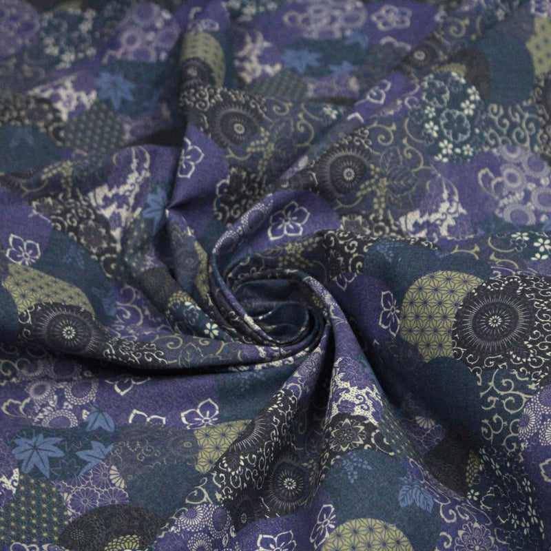 Tissu cotonnade imprimée MARU TO MOYO, cercles de motifs japonais faux - uni bleu indigo - OEKO - TEX - tissuspipi.com