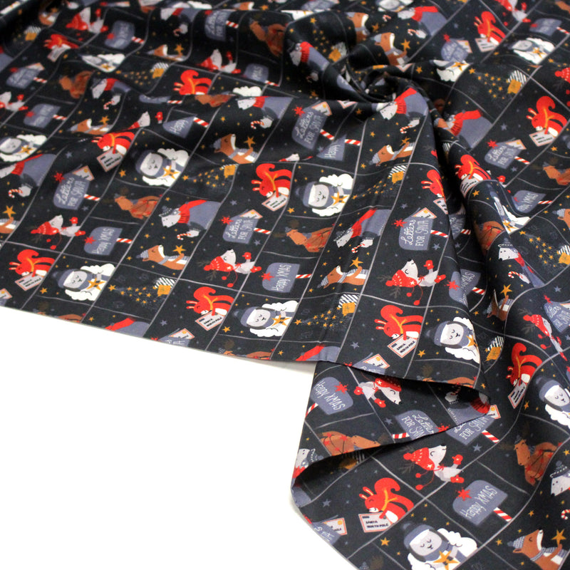 Tissu coton NOËL noir aux renards, ours et écureuils - OEKO - TEX - tissuspipi.com
