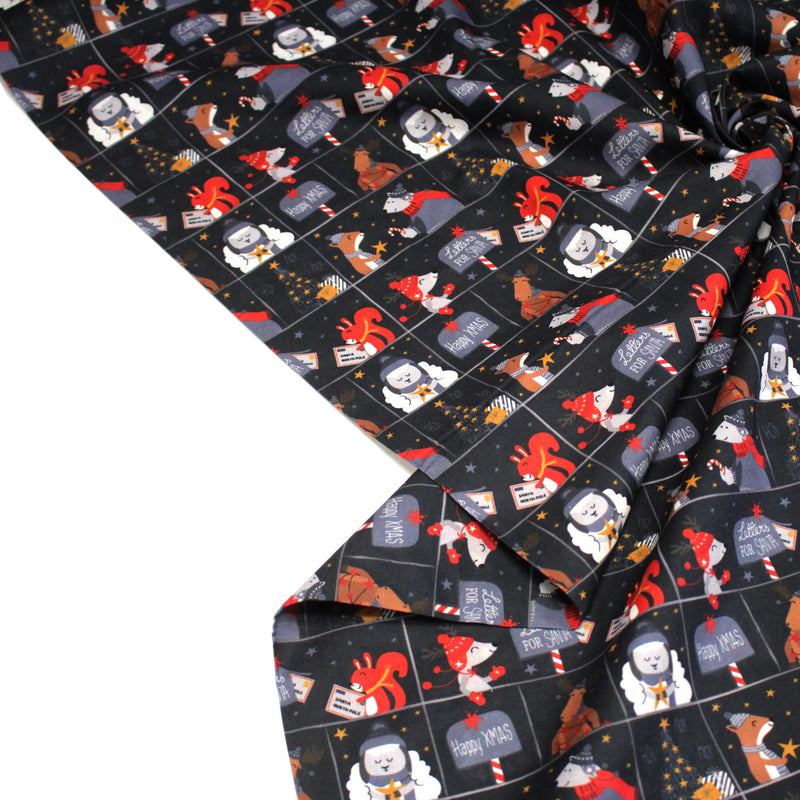Tissu coton NOËL noir aux renards, ours et écureuils - OEKO - TEX - tissuspipi.com