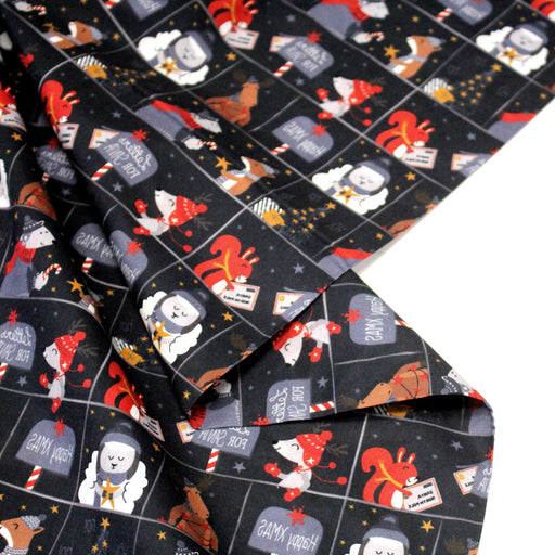 Tissu coton NOËL noir aux renards, ours et écureuils - OEKO - TEX - tissuspipi.com