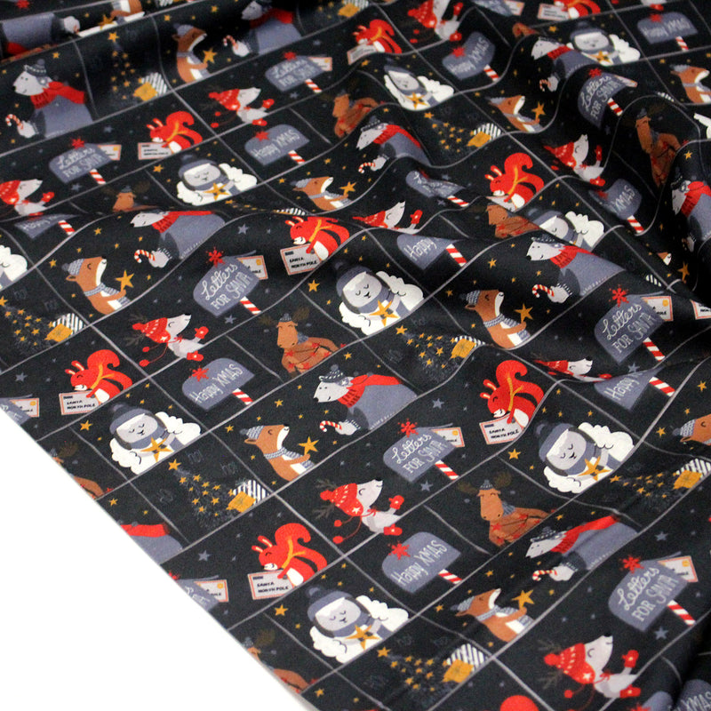 Tissu coton NOËL noir aux renards, ours et écureuils - OEKO - TEX - tissuspipi.com