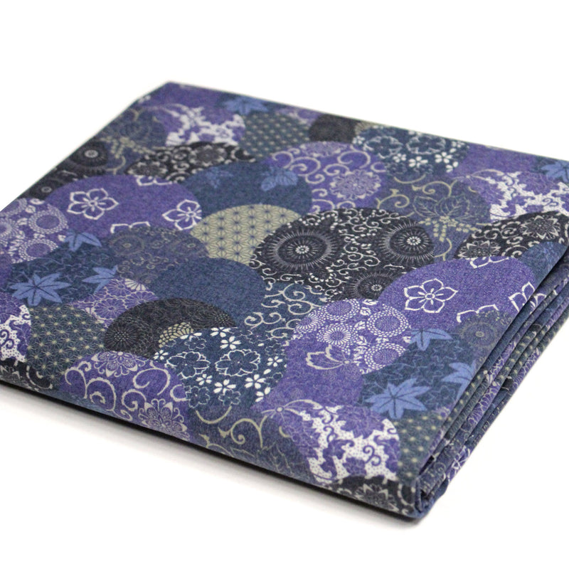 Tissu cotonnade imprimée MARU TO MOYO, cercles de motifs japonais faux - uni bleu indigo - OEKO - TEX - tissuspipi.com