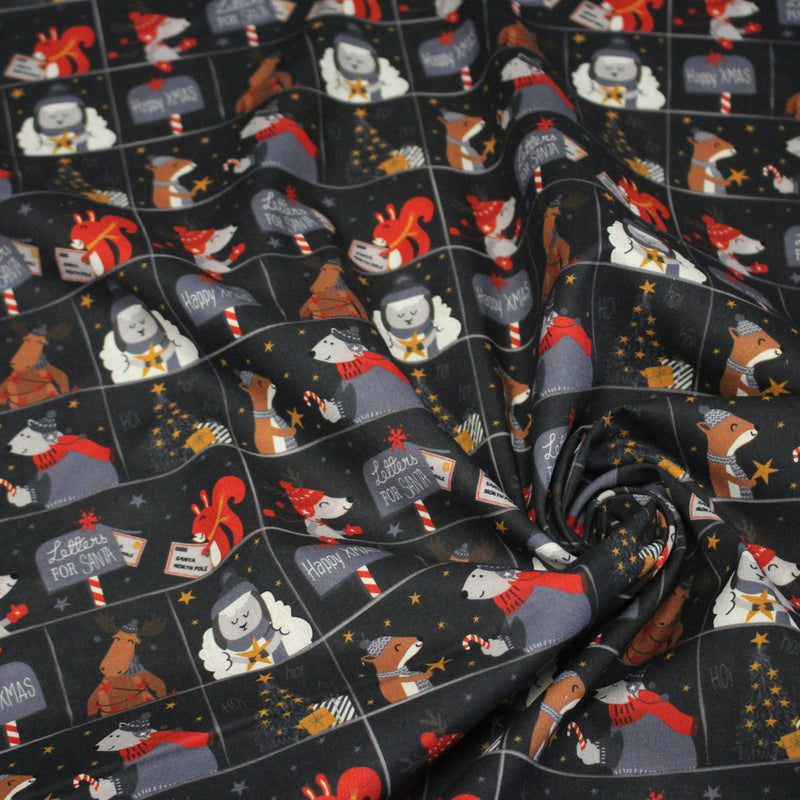 Tissu coton NOËL noir aux renards, ours et écureuils - OEKO - TEX - tissuspipi.com