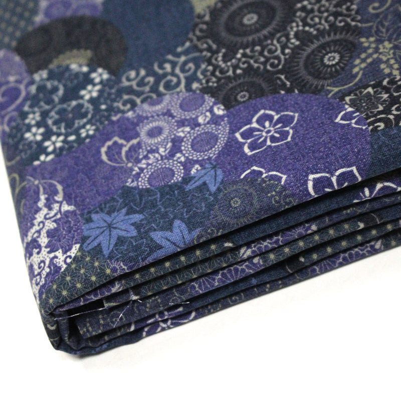 Tissu cotonnade imprimée MARU TO MOYO, cercles de motifs japonais faux - uni bleu indigo - OEKO - TEX - tissuspipi.com