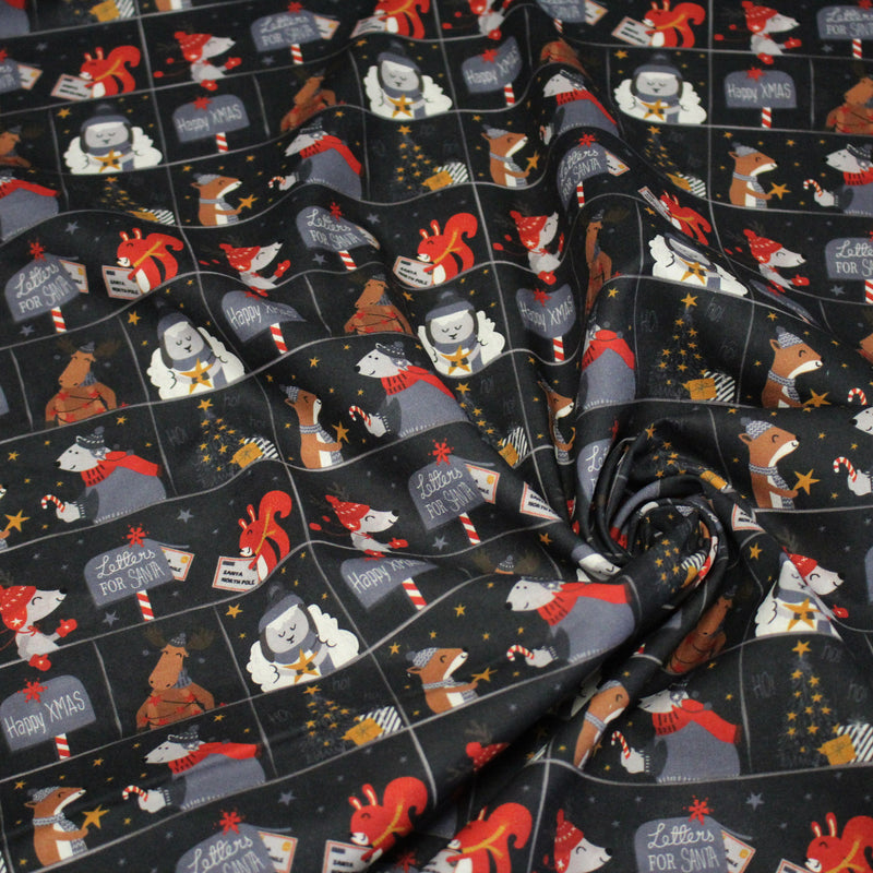 Tissu coton NOËL noir aux renards, ours et écureuils - OEKO - TEX - tissuspipi.com
