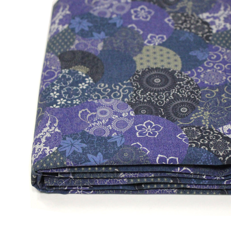 Tissu cotonnade imprimée MARU TO MOYO, cercles de motifs japonais faux - uni bleu indigo - OEKO - TEX - tissuspipi.com