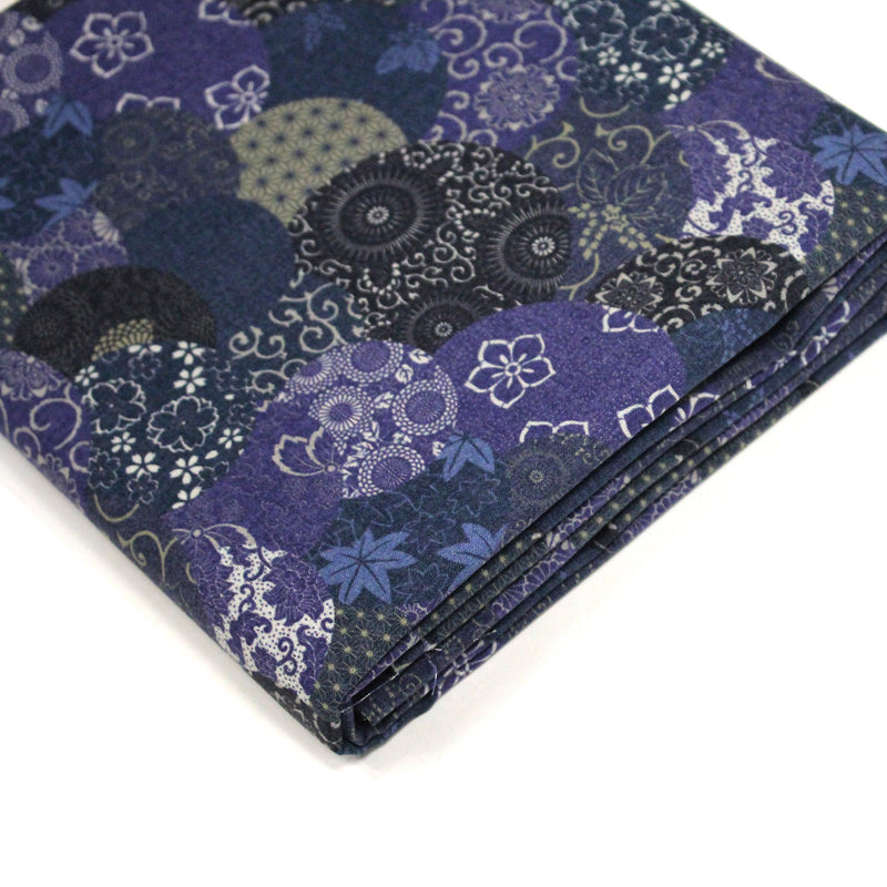 Tissu cotonnade imprimée MARU TO MOYO, cercles de motifs japonais faux - uni bleu indigo - OEKO - TEX - tissuspipi.com