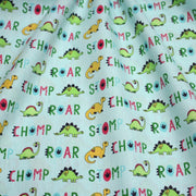 Tissu popeline coton DINO ROAR, bleu aux motifs dinosaures multicolores - tissuspipi.com