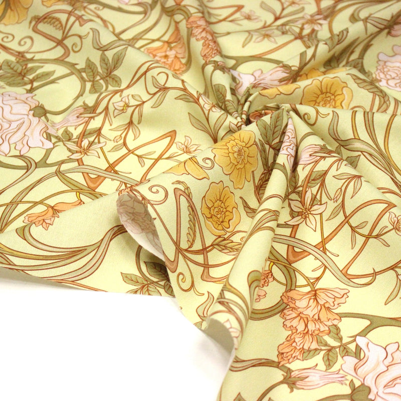 Tissu cotonnade VICTOR au feuillage ART NOUVEAU multicolore, fond vert anis - OEKO - TEX STANDARD 100 - tissuspipi.com