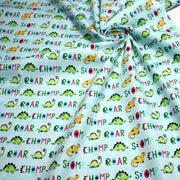 Tissu popeline coton DINO ROAR, bleu aux motifs dinosaures multicolores - tissuspipi.com
