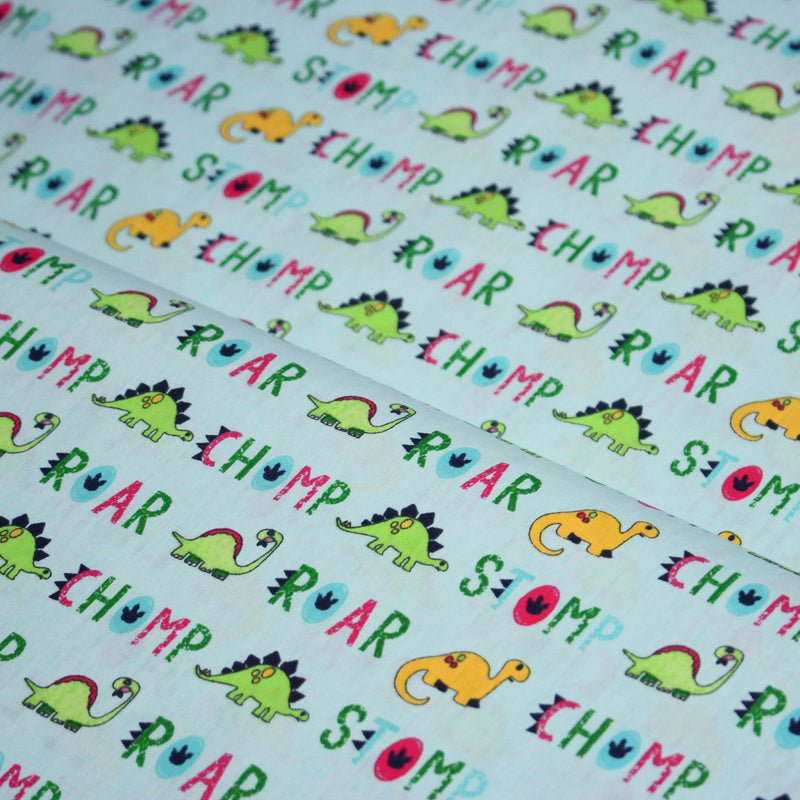 Tissu popeline coton DINO ROAR, bleu aux motifs dinosaures multicolores - tissuspipi.com