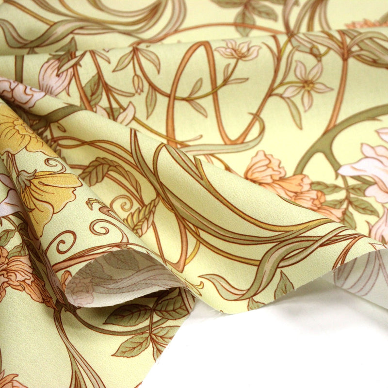 Tissu cotonnade VICTOR au feuillage ART NOUVEAU multicolore, fond vert anis - OEKO - TEX STANDARD 100 - tissuspipi.com