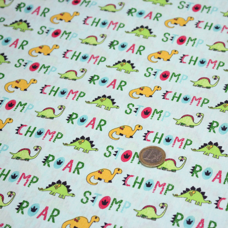 Tissu popeline coton DINO ROAR, bleu aux motifs dinosaures multicolores - tissuspipi.com