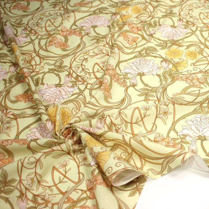 Tissu cotonnade VICTOR au feuillage ART NOUVEAU multicolore, fond vert anis - OEKO - TEX STANDARD 100 - tissuspipi.com