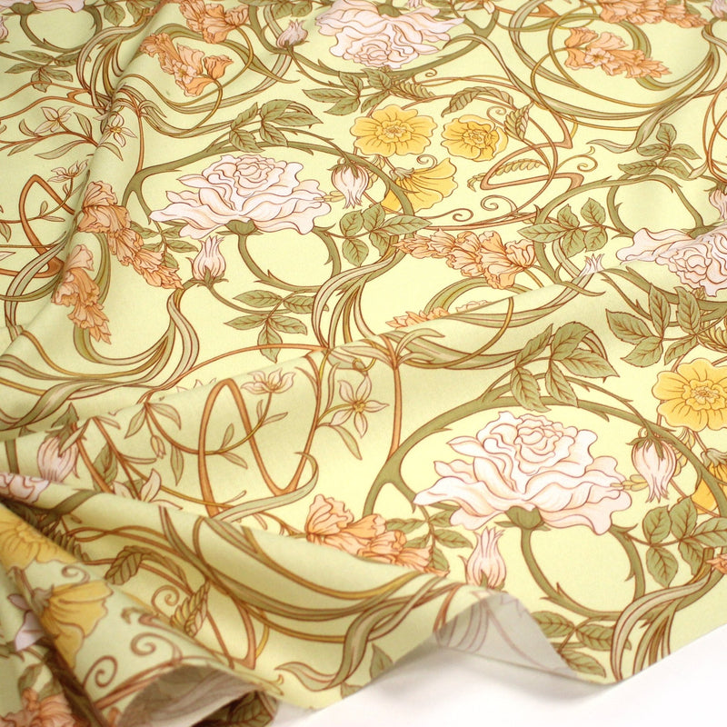 Tissu cotonnade VICTOR au feuillage ART NOUVEAU multicolore, fond vert anis - OEKO - TEX STANDARD 100 - tissuspipi.com